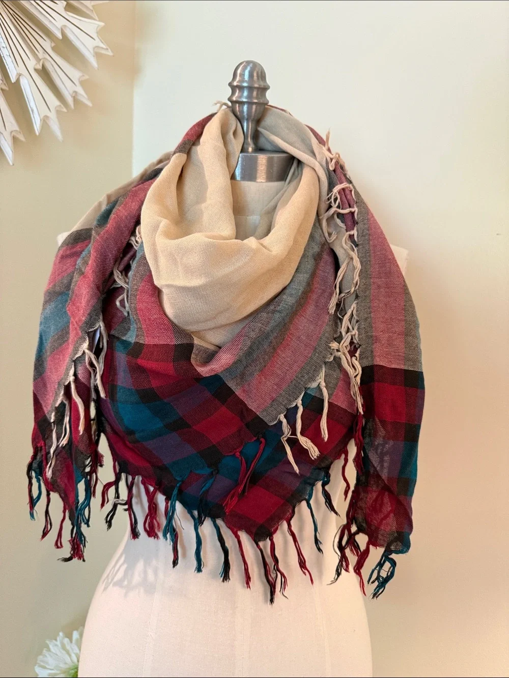 Beige Plaid Fringe Wrap Scarf - Red & Teal 40” x 40”
